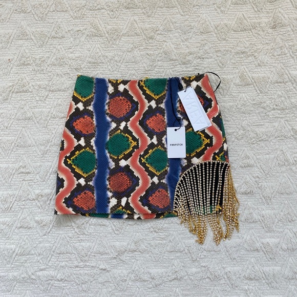 NWT AREA NYC crystal fringe rainbow snake print leather mini skirt - Picture 5 of 8